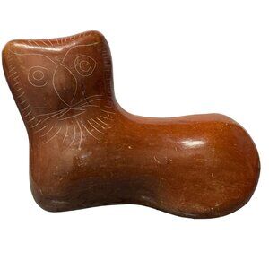 Vintage Mexican Folk Art Brown Clay Pottery Etched Tonala Cat Figurine